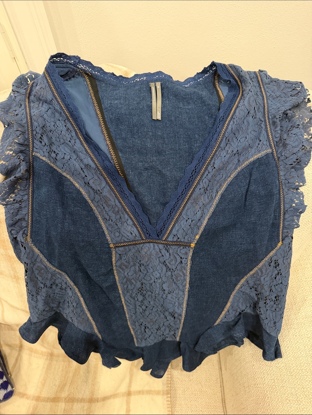 Anthropologie Navy Lace-Panel V-Neck Blouse